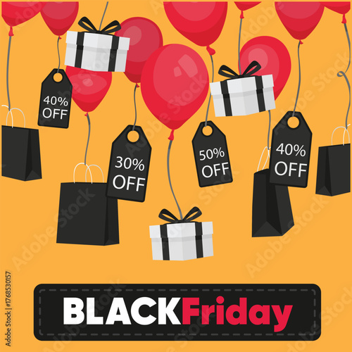 black friday sale poster with shopping bags and balloons helium vector illustration