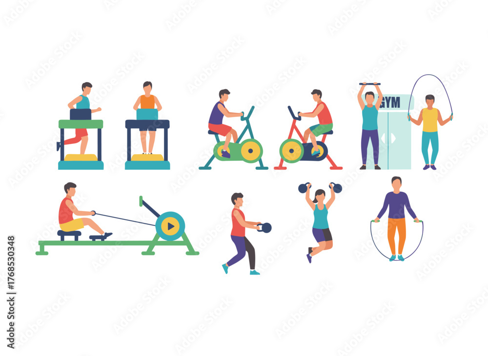 Fototapeta premium A flat vector illustration depicts diverse cartoon characters exercising in a modern gym, featuring an athletic man and woman using training apparatus to perform various physical exercises and enjoy