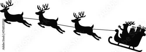 Santa Claus sleigh silhouette, flying reindeer icons, Christmas scene graphics, holiday symbols, gift delivery design, festive vector set, black illustration