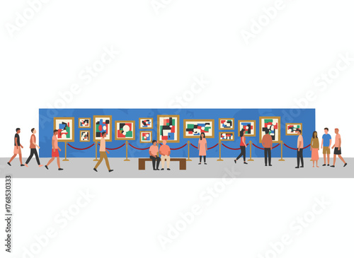 People visiting a classic art gallery or museum, tourists admiring paintings, men and women enjoying the artworks, depicted in a colorful flat cartoon vector illustration