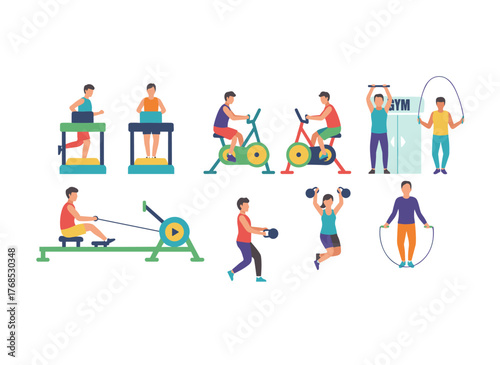 A flat vector illustration depicts diverse cartoon characters exercising in a modern gym, featuring an athletic man and woman using training apparatus to perform various physical exercises and enjoy