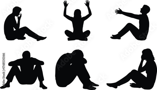 Seated figure silhouettes, emotional posture set, expressive body language, black shape collection, contemplative poses, isolated white background, gesture reference, sitting anatomy study