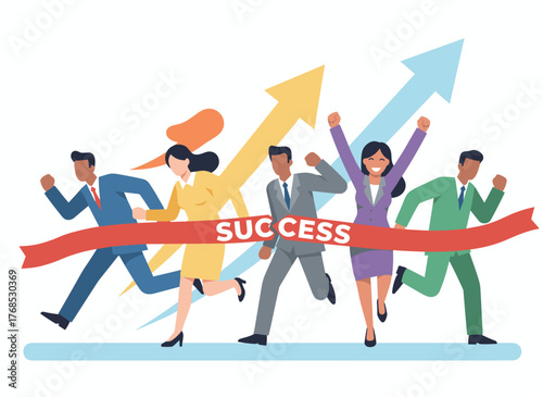 Happy office employees or clerks sprinting across the finish line to tear a red ribbon, illustrating workplace competition and rivalry in a modern flat cartoon vector style