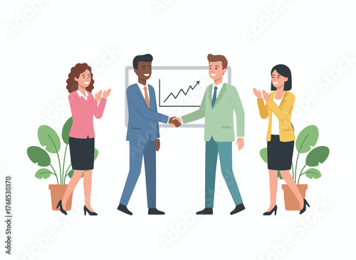 Employees congratulate a coworker for their work success, while the boss shakes hands with the delighted employee out of respect and the business team applauds during the office meeting, all depicted