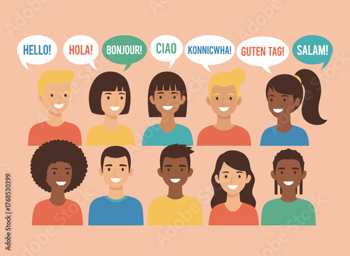 Illustration of a flat vector greeting in multiple languages, featuring friendly cartoon men and women from diverse cultures to convey international communication