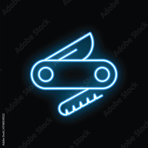 Glowing neon line swiss army knife icon isolated on black background vector illustration
