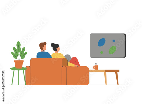 A cheerful family lounges on a couch watching TV in a flat vector illustration, with a smiling couple spending time together in isolation, while the husband and wife enjoy home entertainment on a
