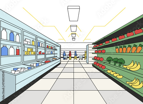 Black‑and‑white hand‑drawn illustration of a supermarket interior, a grocery store