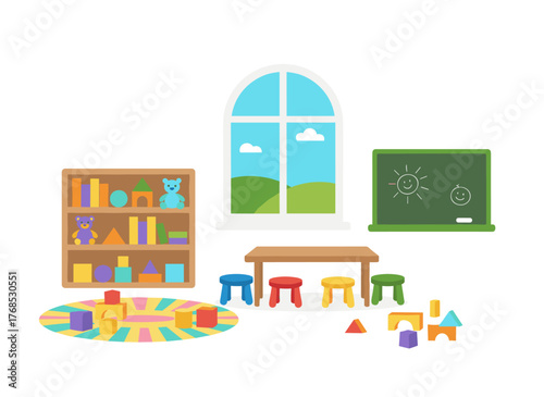 Flat vector illustration of a kindergarten room interior, featuring a cozy playroom with adorable children's paintings on the walls, furniture, and toys, creating a nursery school setting for