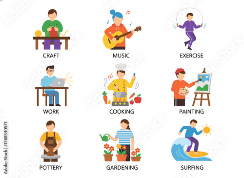 A compilation of young men and women showcasing their abilities or instructing online, featuring a set of video tutorials, DIY guides, or webinars, illustrated with vibrant flat cartoon vector art