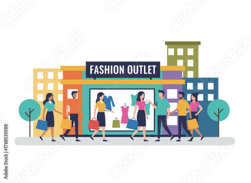 A flat, colorful cartoon vector illustration of a fashion outlet, mass‑market apparel store, trendy boutique, shopping center or mall, with buyers or customers strolling down a city street
