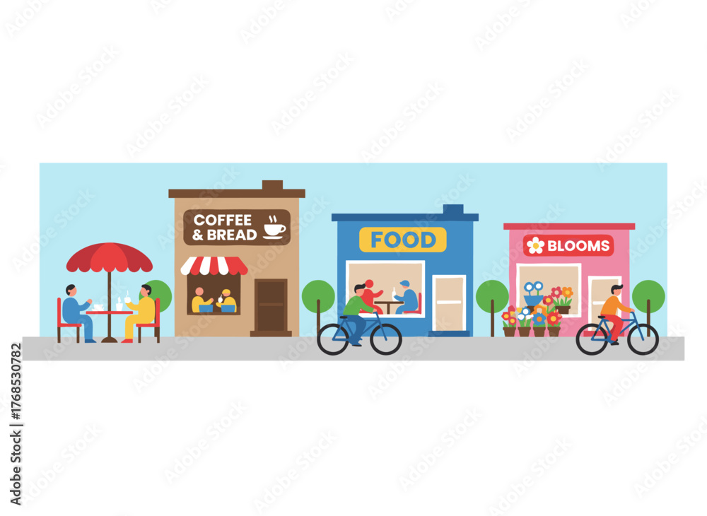 Obraz premium A downtown city street scene featuring citizens dining outdoors at cafés, restaurants, and coffee shops on terraces, depicted as a long urban panorama with open cafeteria exteriors in a flat vector