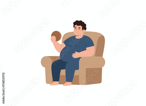 An overweight young man sits on a chair in a flat cartoon vector illustration, illustrating the concepts of obesity, binge eating disorder, and food addiction as mental illnesses, behavioral