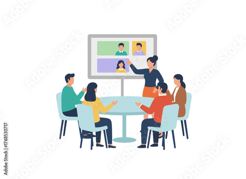Virtual meeting with international business partners, featuring office staff and remote employees via video call, depicted in a colored flat vector illustration on a white background