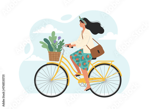 A cheerful, stylishly dressed girl with a smile rides a bicycle holding a bouquet of flowers in the front basket, depicted in a cute, colorful flat cartoon vector illustration