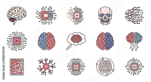 Collection of Brain and Artificial Intelligence Icons in an Illustrative Style