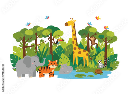 A charming illustration of exotic animals and tropical flora in a rainforest teeming with palm trees, lianas, and playful African jungle inhabitants, rendered in a flat, colorful cartoon vector style