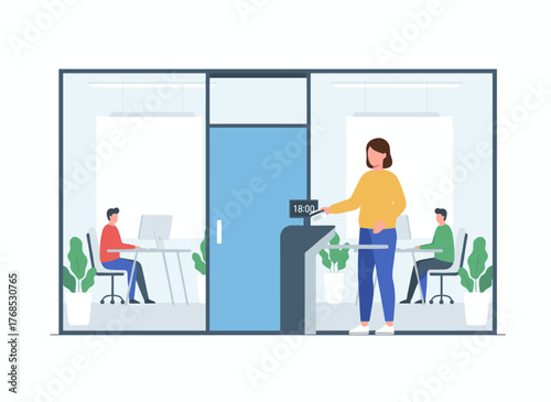Vector illustration of a worker leaving work on time, a woman character opening a door, a girl heading to an on‑time interview at the office, and a female employee concluding her workday