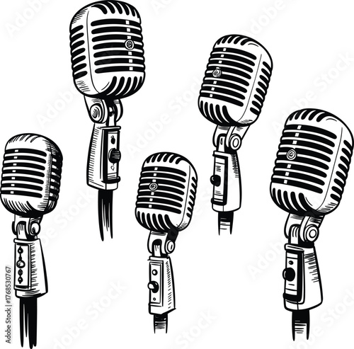 Vintage microphone silhouettes, retro audio icons, black and white design, broadcasting graphics, music equipment symbols, minimal style, vector mic set