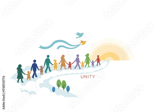 Illustration of a mother letting go as her child grows: a pregnant woman, a mom with an infant, a toddler, a mother walking with a teenager, an elderly mother saying goodbye to her adult son