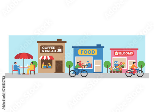 A downtown city street scene featuring citizens dining outdoors at cafés, restaurants, and coffee shops on terraces, depicted as a long urban panorama with open cafeteria exteriors in a flat vector