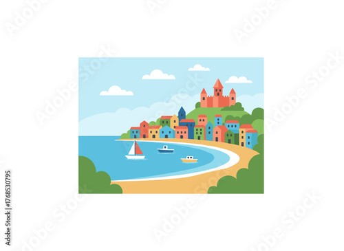 Illustration of a picturesque European seaside town in summer, featuring a panoramic view of sky, water, city houses, ships, and boats in an amazing seascape