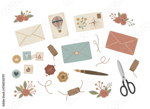 Illustration of a variety of envelopes, mail, postmarks, and postcards in a flat vector style, along with a set of assorted craft paper letters, stationery, sealing wax, and handmade cards presented