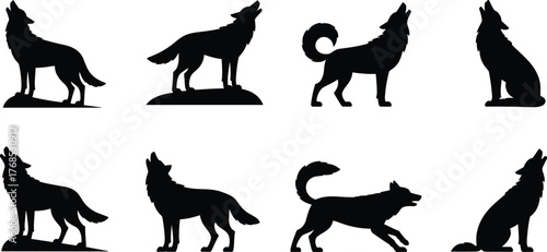 Wolf silhouette icons, howling and sitting poses, black vector graphics, wildlife symbols, nature illustration, minimal design, animal behavior, forest, predator, wild