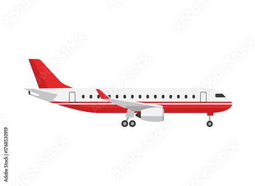 A side profile of a passenger aircraft with landing gear, depicted as a flat cartoon vector illustration featuring portholes, wings, and engines against a white background