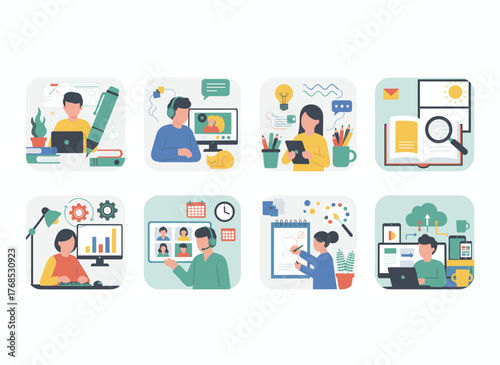 Illustration of a professional journalist, copywriter, content manager, and blogger using a laptop, pencil, and book, depicting computer work, typing, and posting in a flat cartoon vector style on a