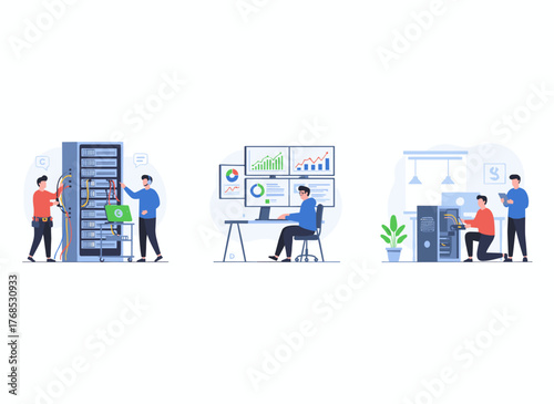 Flat vector illustrations of a system administrator: computer repair, server upkeep, network adjustments, featuring a lone sysadmin cartoon on a white background, representing data center maintenance
