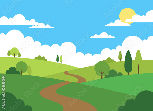 A flat vector illustration of a tranquil rural summer scene featuring green grass, trees, a horizon of sky and clouds, and a panoramic view of the countryside