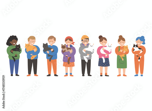 A collection of people holding adorable cats, featuring joyful men and women cradling lovely kitties, pet owners captured in portraits with charming feline companions, rendered as a flat vector