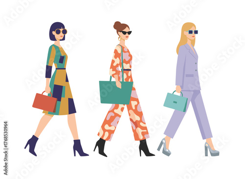 Illustration of a fashion show runway in flat vector style, featuring cartoon models in haute couture on a white background, with a designer showcasing the newest collection and a top model flaunting