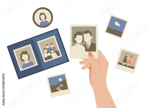 A woman's hands hold old photographs, sorting and attaching them to pages of a photo album or book, keeping family memories in order, depicted as a colored cartoon vector illustration