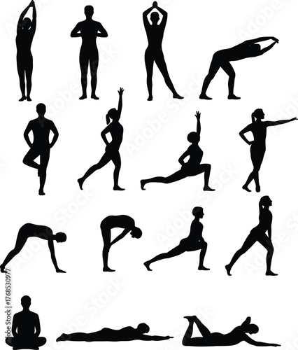 Yoga pose silhouette set, body posture illustration, fitness exercise chart, meditation and stretching guide, wellness activity reference, black vector design