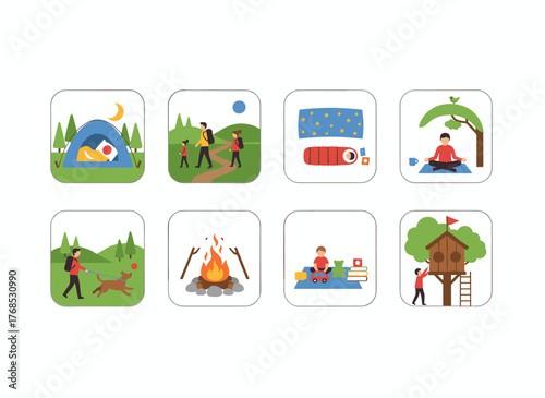 A charming illustration of a father and son enjoying activities together—playing, fishing, hiking, sunbathing, building a treehouse, and launching a toy airplane—celebrating happy fatherhood in flat