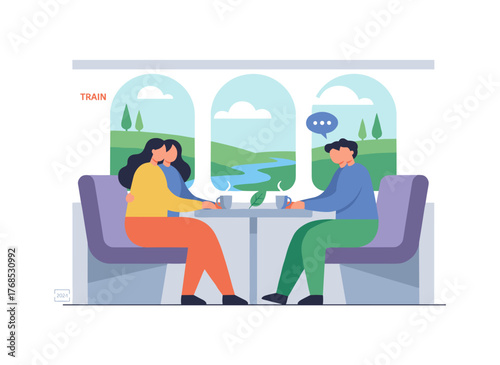 A vibrant flat cartoon illustration shows young, smiling men and women traveling by train, cheerful passengers chatting in the carriage, enjoying a joyful railway journey