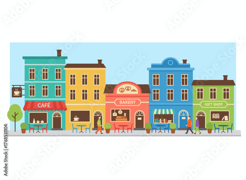 Flat vector illustration in a charming style depicting a European city street with storefronts, sidewalk cafés, restaurants, bakeries, and coffee houses, forming a seamless banner of building facades