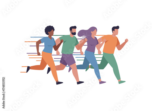 A diverse group of runners sprinting toward success in a competitive race, featuring a banner with both male and female athletes, symbolizing a work marathon and career challenge, depicted in a