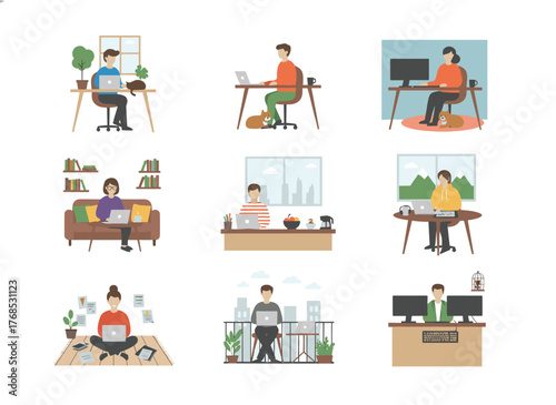 Illustration of freelance professionals working remotely, featuring men and women using computers or laptops in a cozy, isolated white workspace, depicting a self‑employed individual at a home office