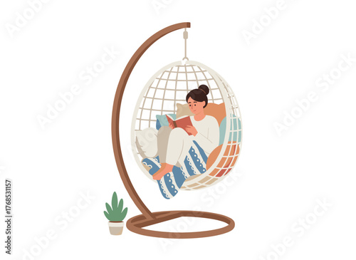 A relaxed woman at home sits in a comfy hanging chair, reading a book in a flat vector illustration, surrounded by a blanket and pillows, enjoying her leisure time alone