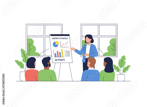 Vector illustration of a business seminar and conference, depicting company staff training and career development concepts, with business coaches and lecture attendees portrayed as cartoon