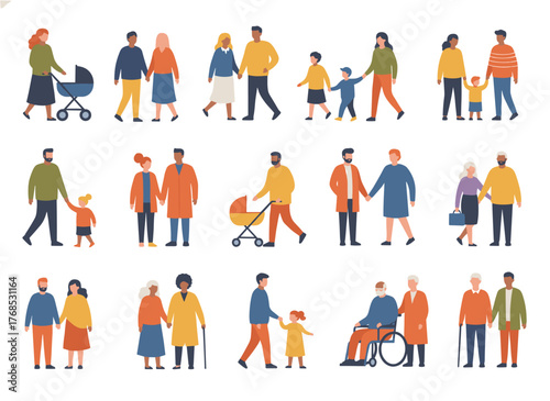 A flat vector illustration of people strolling on a city street, featuring happy couples, friends, families, and children meeting, talking, and walking outdoors, set against a white background