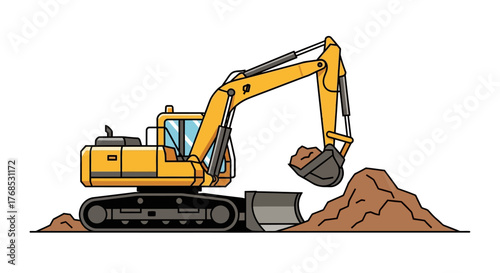 Excavator Vector Illustration of Heavy Machinery for Construction and Excavation