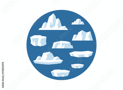 A collection of floating glaciers and icebergs in the North Sea or Arctic Ocean, melting ice peaks and rocks in Antarctica, natural icy mountains covered in snow during winter, depicted as a flat