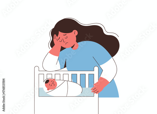A weary, sad woman leans over a sleeping newborn in a crib, covering her face with her hand, illustrating postpartum depression in flat vector style