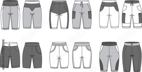 Shorts design collection, fashion apparel illustration, casual and athletic styles, colorful garment vector, waistband and pocket variations, clothing concept art, textile layout