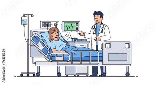 Professional medical doctor providing consultation and dedicated care to a female patient recovering in a hospital bed, symbolizing modern healthcare
