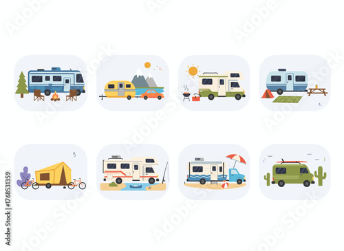 Illustrations of camper cars, holiday caravans, vans, trailers, summer motorhomes, and camping RVs, depicting mobile vehicles for travel and vacation in nature, presented as flat vector graphics on a